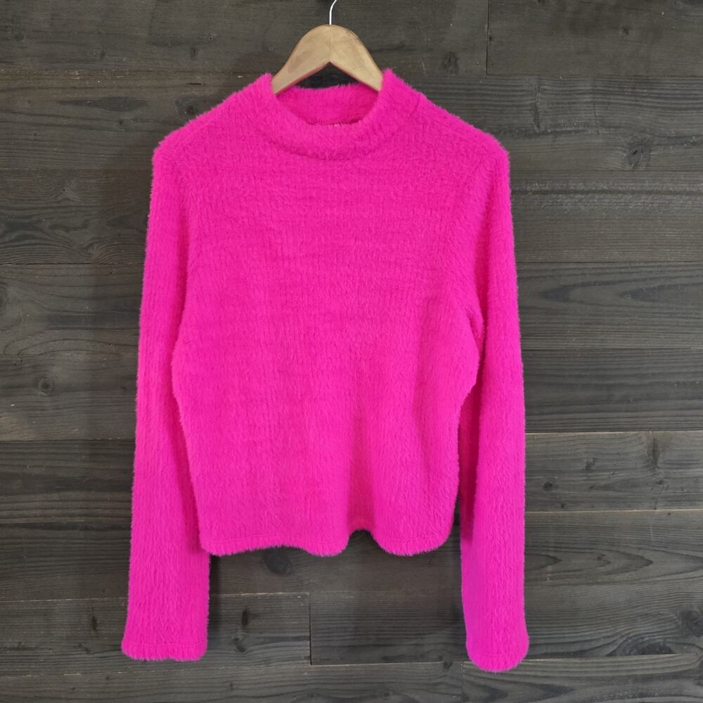 Anthropologie Eyelash Knit Mock Neck Sweater Hot Pink Fuzzy Ribbed Size 1X Cozy
